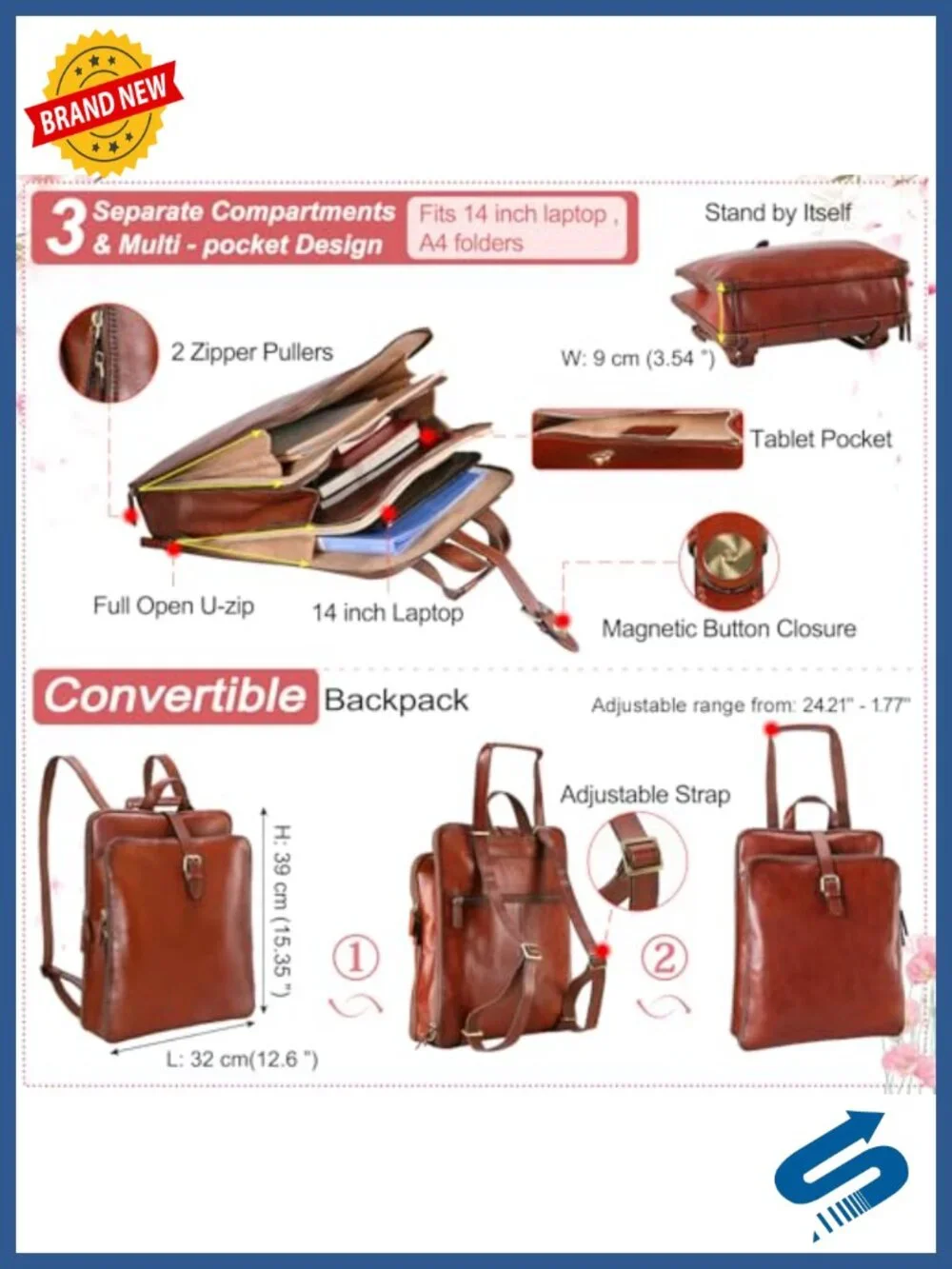 Women's Italian Full Grain Leather Convertible Backpack Purse Laptop Travel